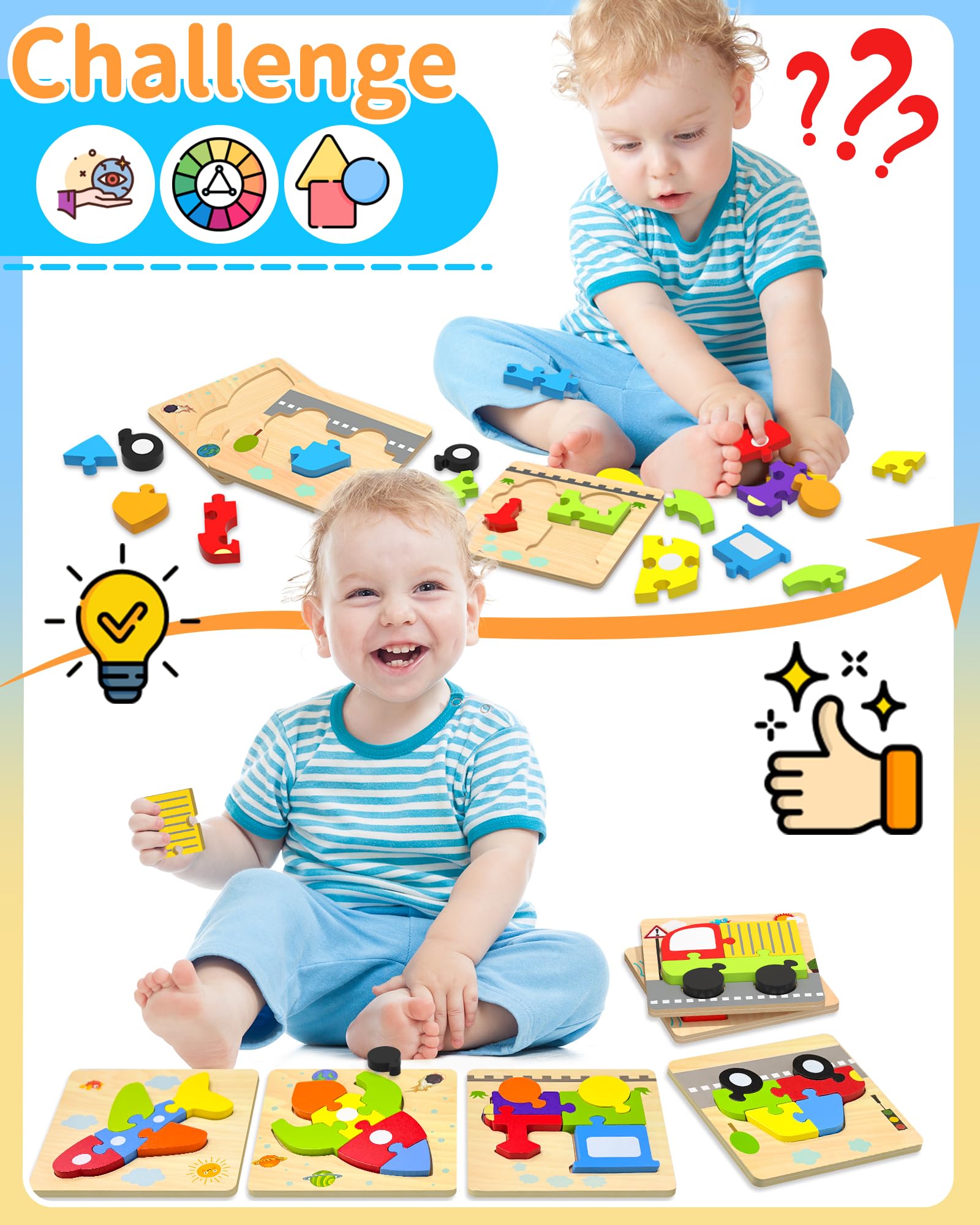 Oomloid Wooden Vehicle Puzzles for Toddlers 1-3 Years – 6-Piece Montessori Shape Learning Toy with Storage Box