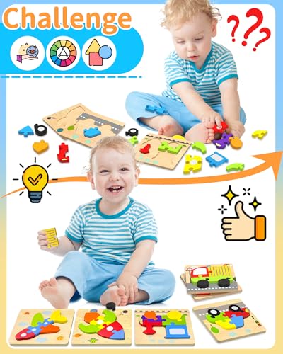 Oomloid Wooden Vehicle Puzzles for Toddlers 1-3 Years – 6-Piece Montessori Shape Learning Toy with Storage Box