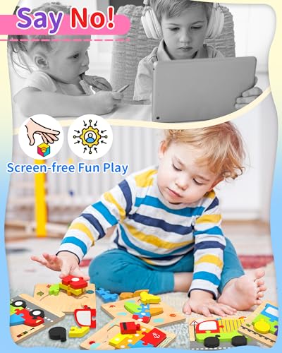 Oomloid Wooden Vehicle Puzzles for Toddlers 1-3 Years – 6-Piece Montessori Shape Learning Toy with Storage Box
