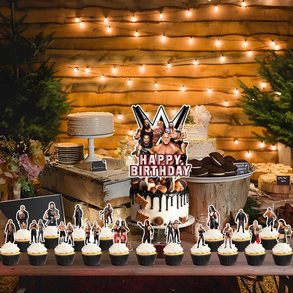 Optiacan 37-Piece Wrestling Cake Topper Set for Birthday Party Decor