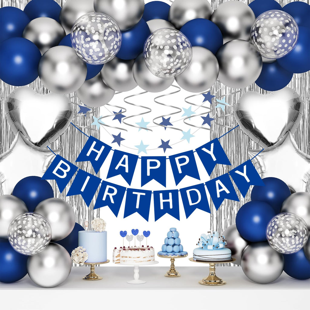 ORDA Blue Silver Birthday Decorations - 54 Piece Set for 16th to 70th Parties