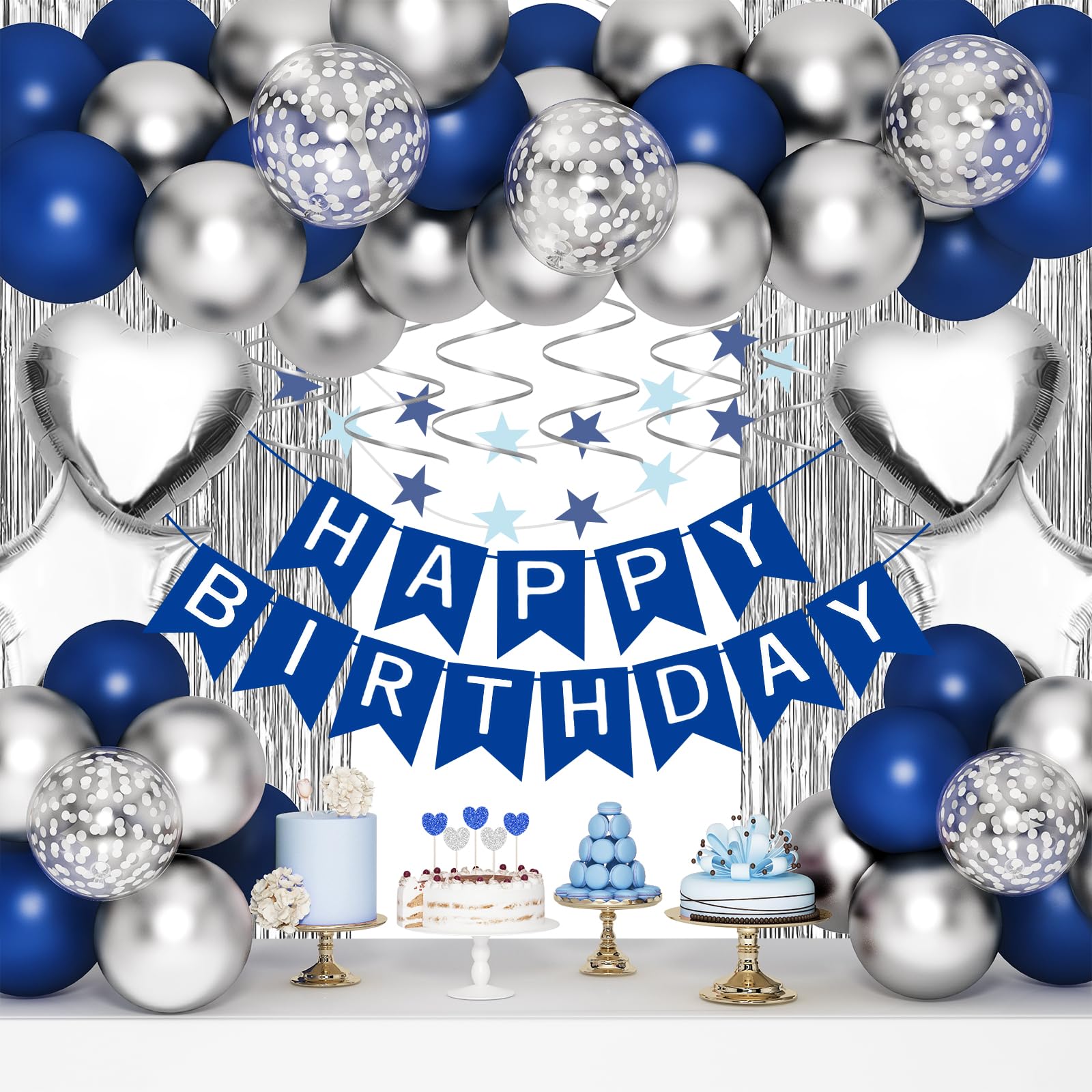 ORDA Blue Silver Birthday Decorations - 54 Piece Set for 16th to 70th Parties