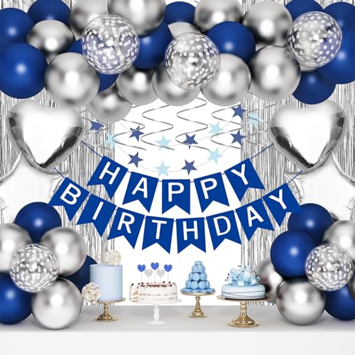 ORDA Blue Silver Birthday Decorations - 54 Piece Set for 16th to 70th Parties