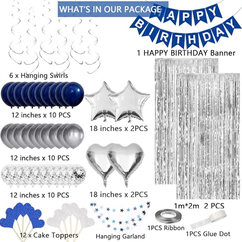 ORDA Blue Silver Birthday Decorations - 54 Piece Set for 16th to 70th Parties