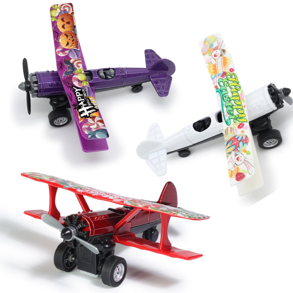 Oriate 3-Pack Die-Cast Pull Back Toy Airplane Set – Easter, Halloween, Christmas – 4.5 Inch Party Favors for Kids Age 3+