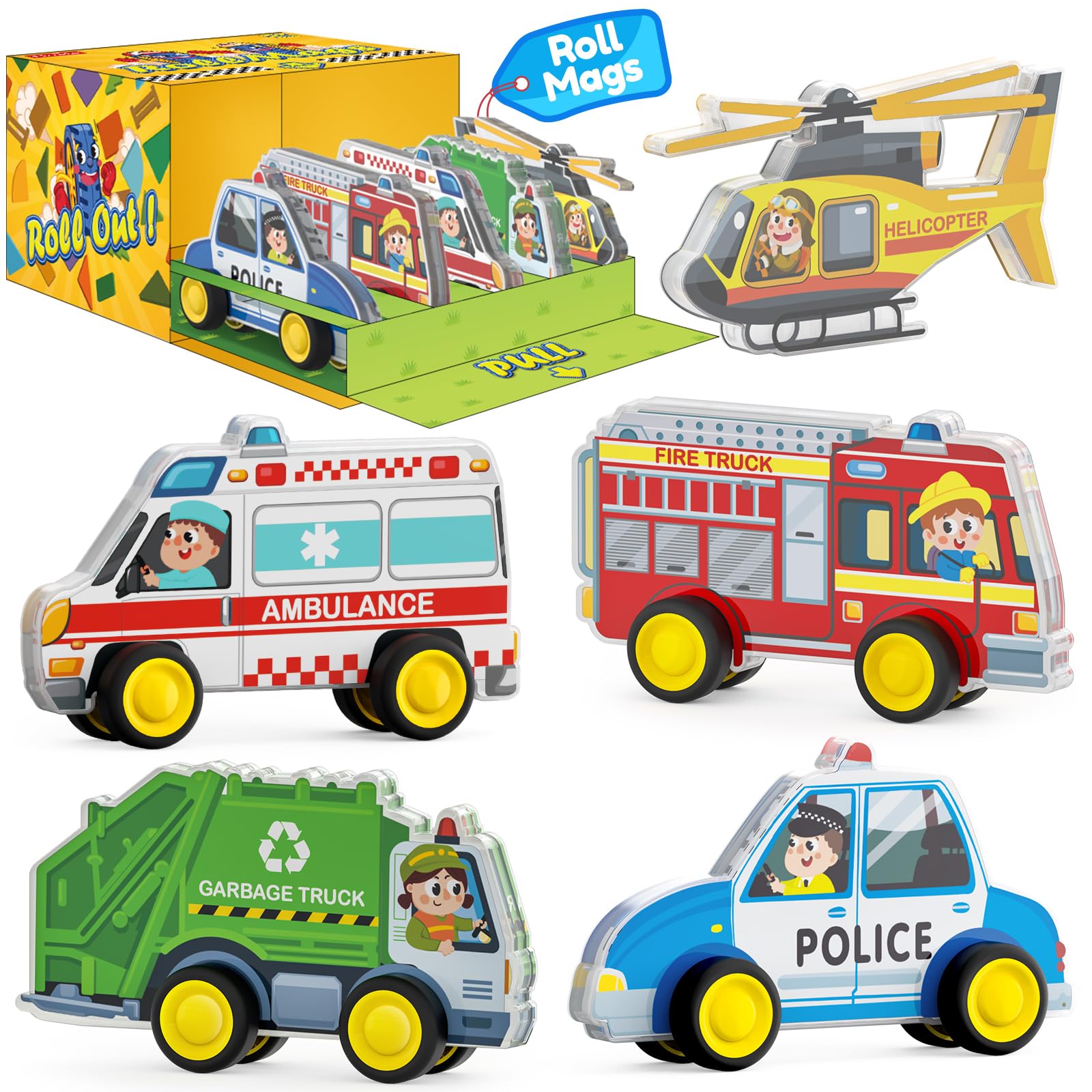 Oriate 5-in-1 Magnetic City Vehicle Set – Free Wheels Rescue Toy Cars for Magnetic Tiles