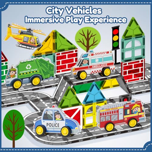 Oriate 5-in-1 Magnetic City Vehicle Set – Free Wheels Rescue Toy Cars for Magnetic Tiles