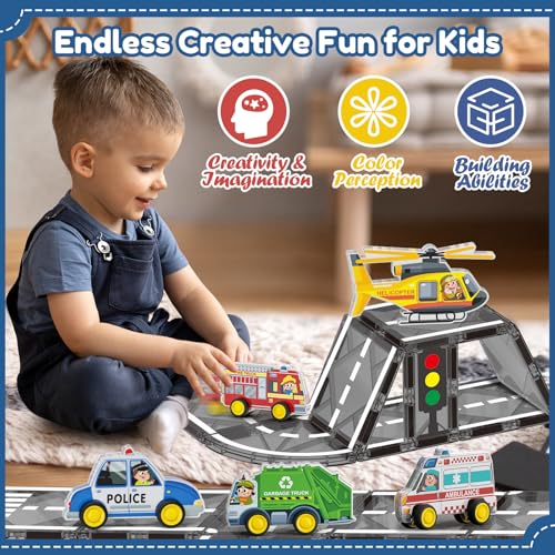 Oriate 5-in-1 Magnetic City Vehicle Set – Free Wheels Rescue Toy Cars for Magnetic Tiles