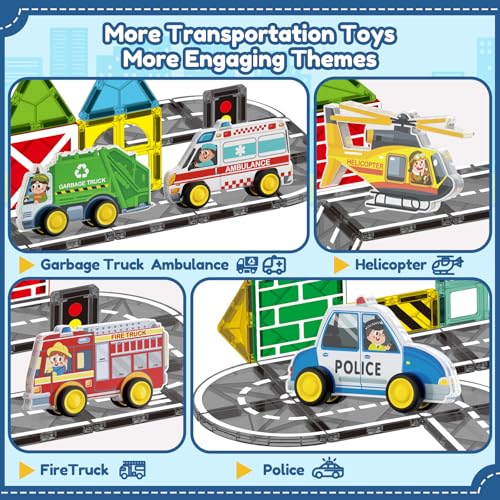 Oriate 5-in-1 Magnetic City Vehicle Set – Free Wheels Rescue Toy Cars for Magnetic Tiles