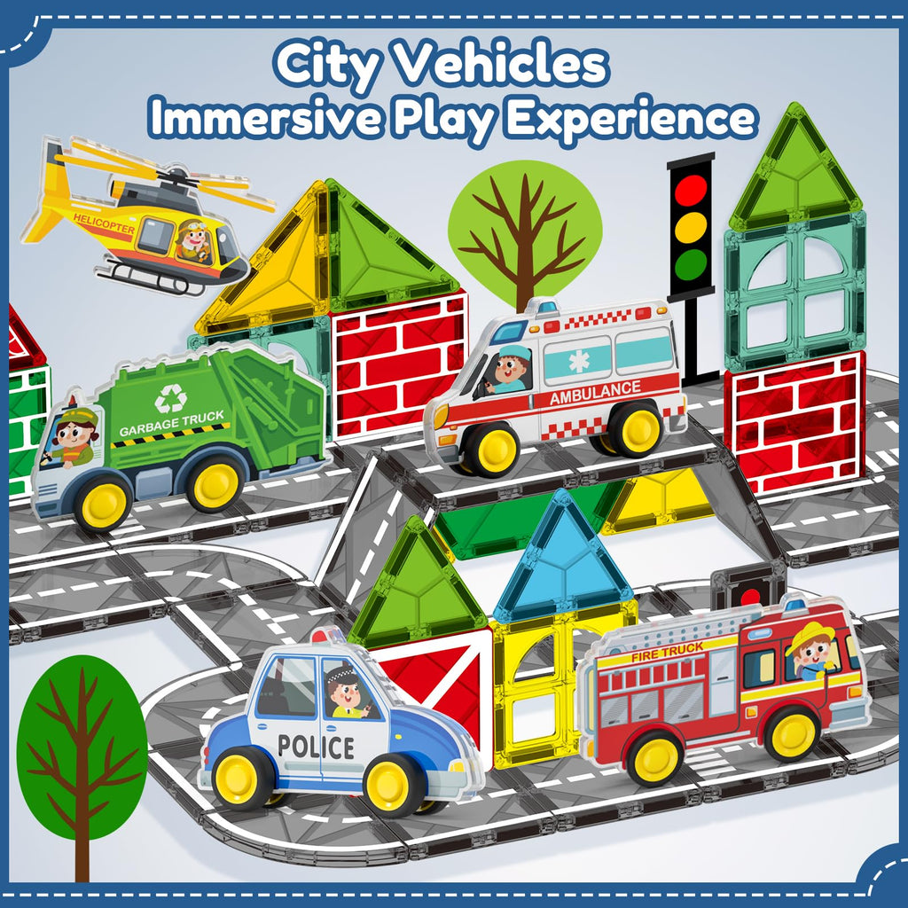 Oriate 5-in-1 Magnetic City Vehicle Set – Free Wheels Rescue Toy Cars for Magnetic Tiles