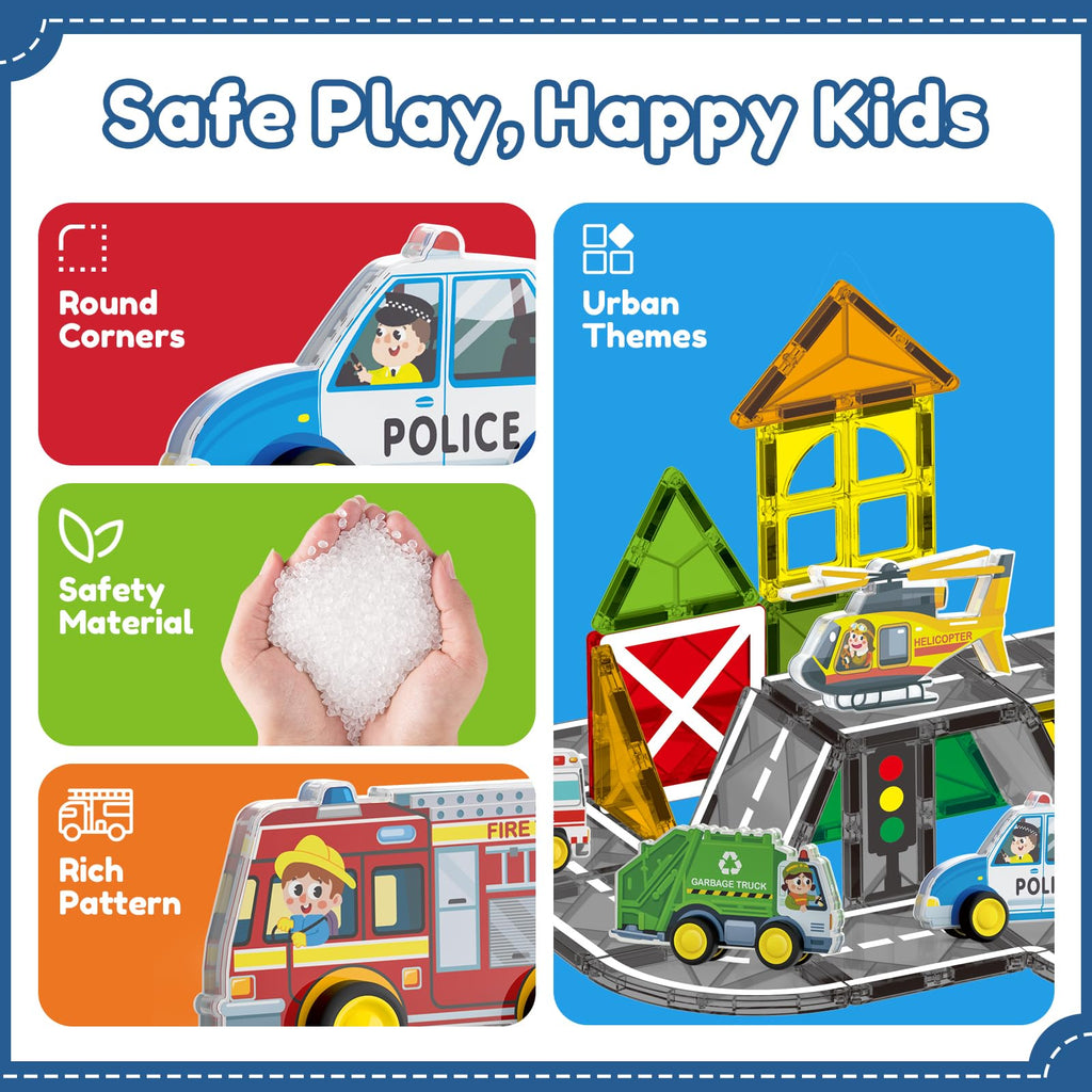 Oriate 5-in-1 Magnetic City Vehicle Set – Free Wheels Rescue Toy Cars for Magnetic Tiles