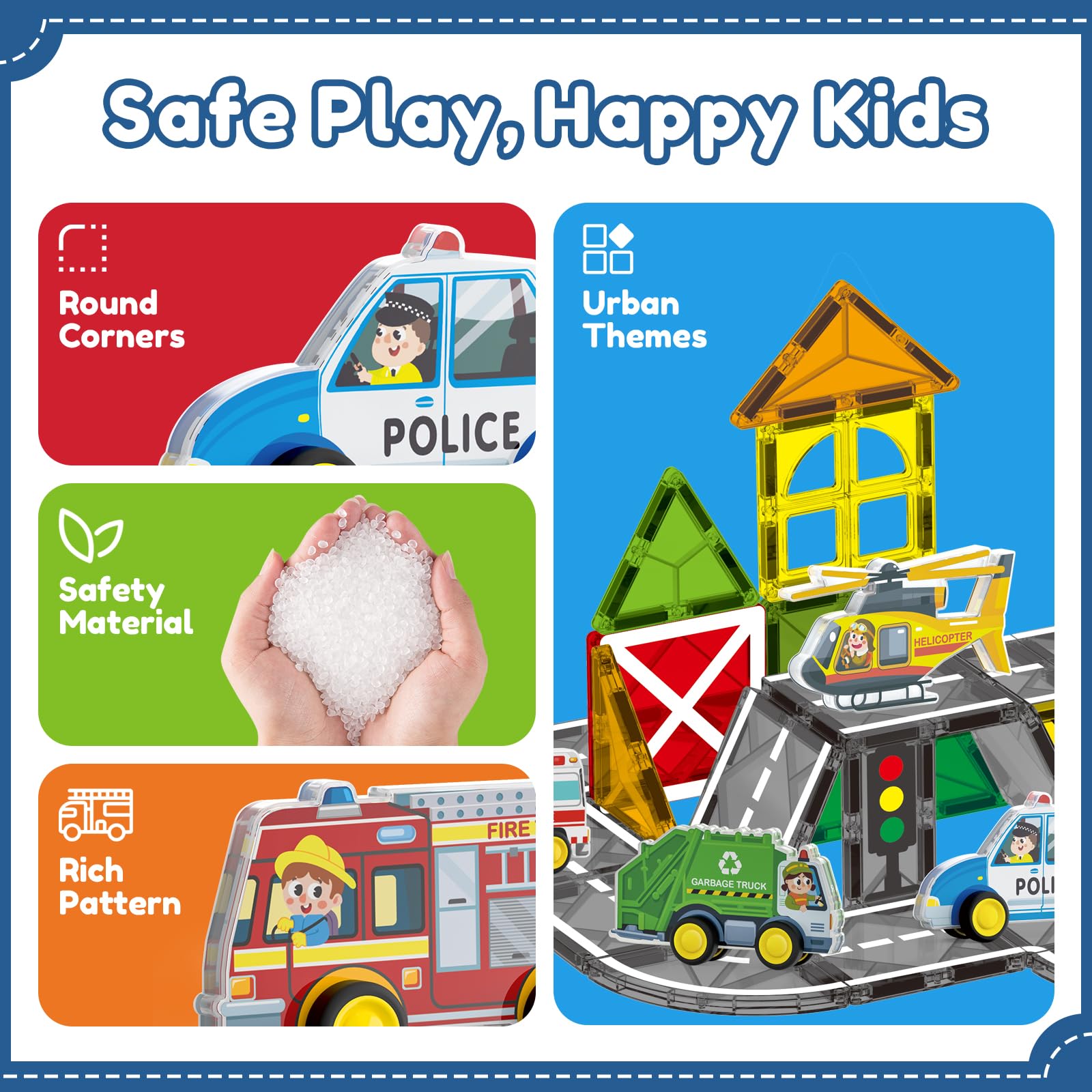 Oriate 5-in-1 Magnetic City Vehicle Set – Free Wheels Rescue Toy Cars for Magnetic Tiles
