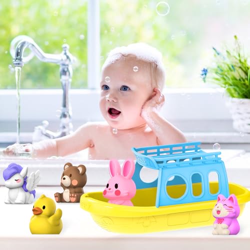 Oriate Bath Boat and Finger Puppets - 5 Silicone Animal Puppets with Floating Boat for Toddlers