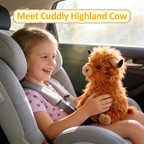 OROZCOR Brown Highland Cow Stuffed Animal – 10.5-Inch Fluffy Farm Plush Toy