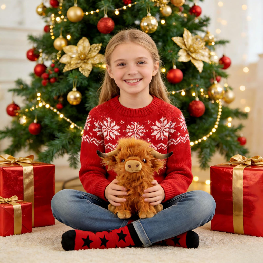 OROZCOR Brown Highland Cow Stuffed Animal – 10.5-Inch Fluffy Farm Plush Toy