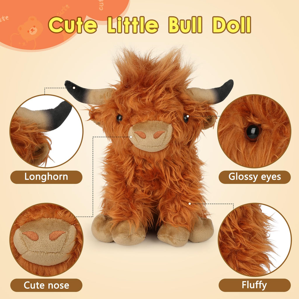 OROZCOR Brown Highland Cow Stuffed Animal – 10.5-Inch Fluffy Farm Plush Toy