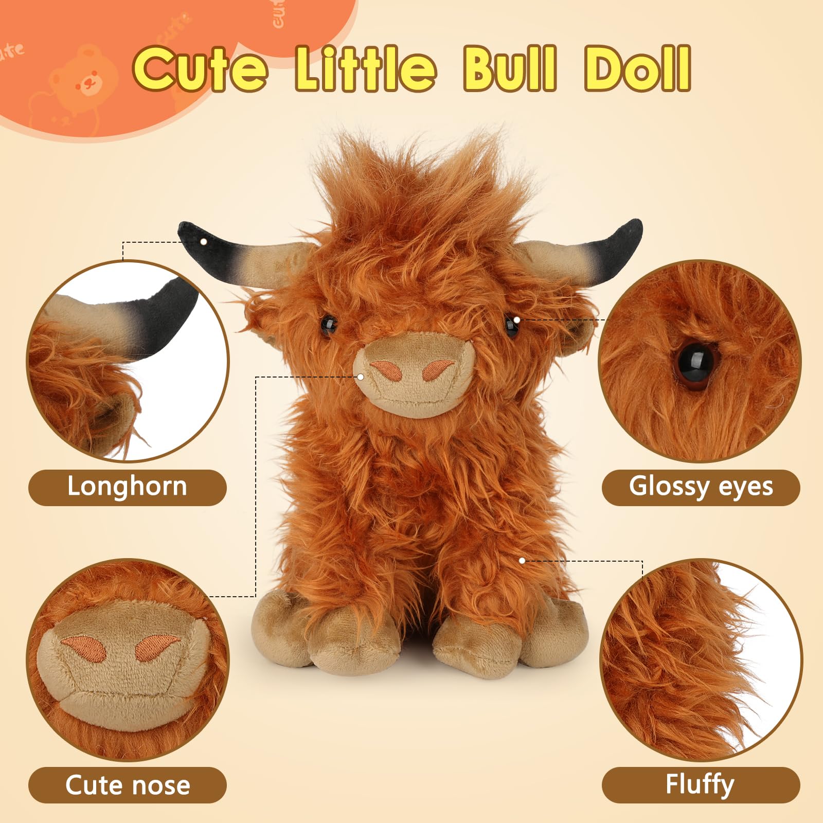 OROZCOR Brown Highland Cow Stuffed Animal – 10.5-Inch Fluffy Farm Plush Toy