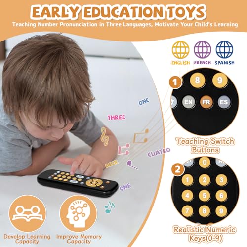 Orzbow Baby Remote Control Toy – Musical Toy with Realistic Light & Sound, English/French/Spanish, BPA-Free, Black (6 Months+)