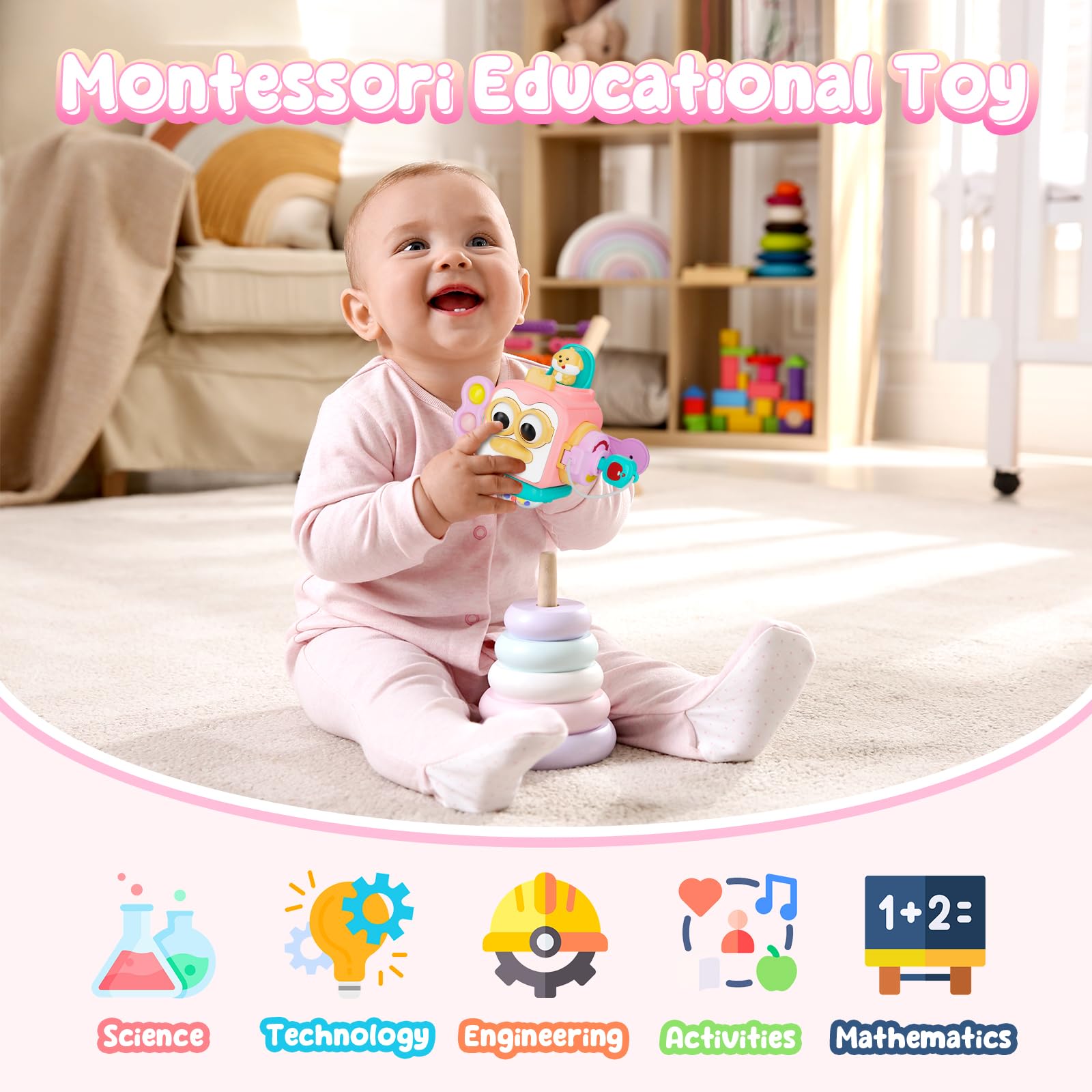 OSIMILY Busy Cube for 1 Year Old Girl | Sensory Toy with 6 Activities | Fine Motor Skills Educational Gift for Toddlers 6-18 Months