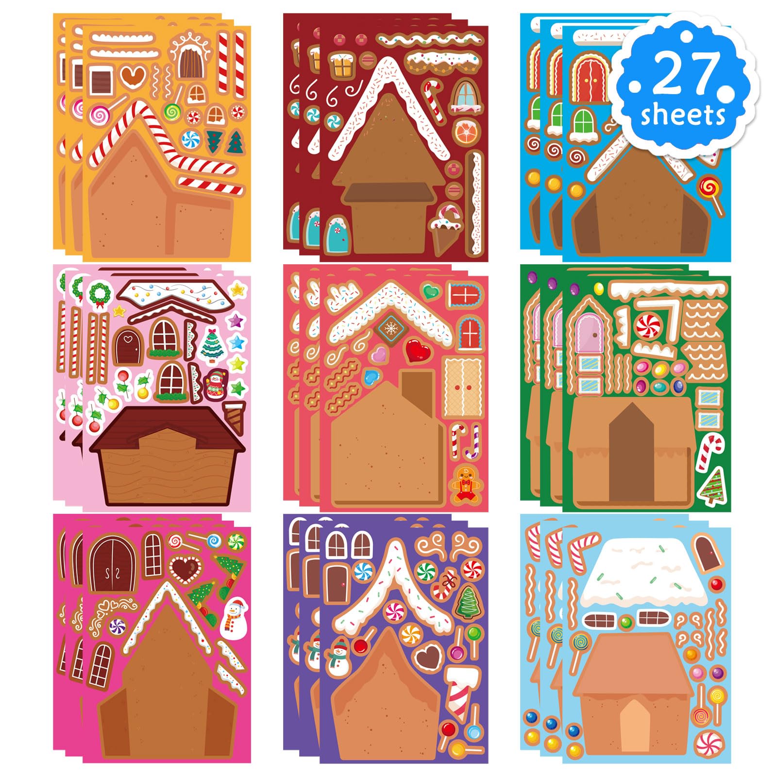 OTAITY 27 PCS Gingerbread House Stickers - DIY Christmas Craft for Kids - Waterproof Vinyl Stickers for Gift Wrap, Scrapbooking, and Party Decor