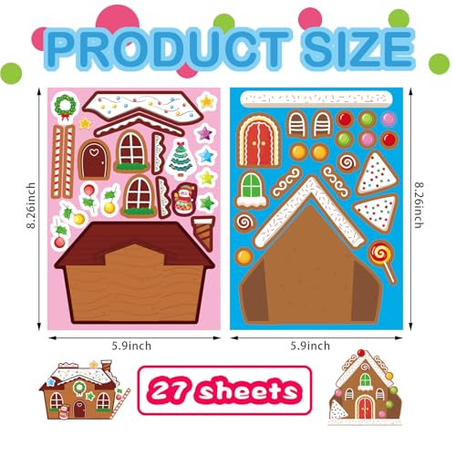 OTAITY 27 PCS Gingerbread House Stickers - DIY Christmas Craft for Kids - Waterproof Vinyl Stickers for Gift Wrap, Scrapbooking, and Party Decor