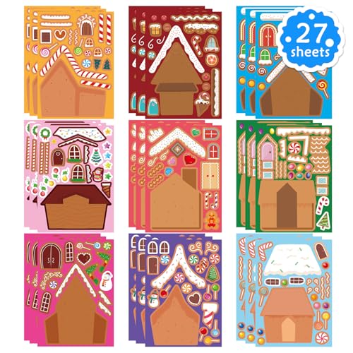 OTAITY 27 PCS Gingerbread House Stickers - DIY Christmas Craft for Kids - Waterproof Vinyl Stickers for Gift Wrap, Scrapbooking, and Party Decor