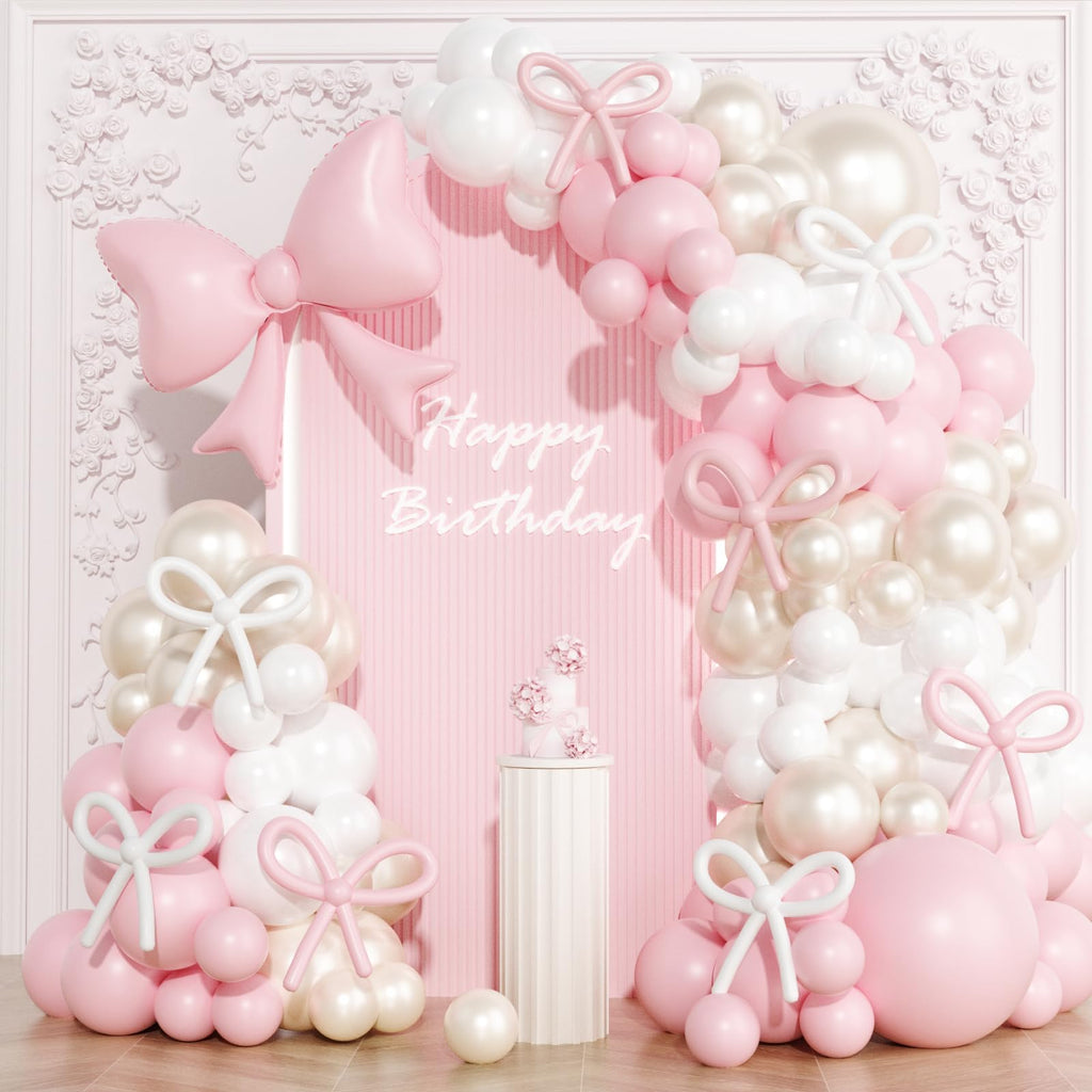 OTLGEUA 149-Piece Pink & Pearl White Balloon Garland Arch Kit with Bow - Coquette Birthday Party Decorations