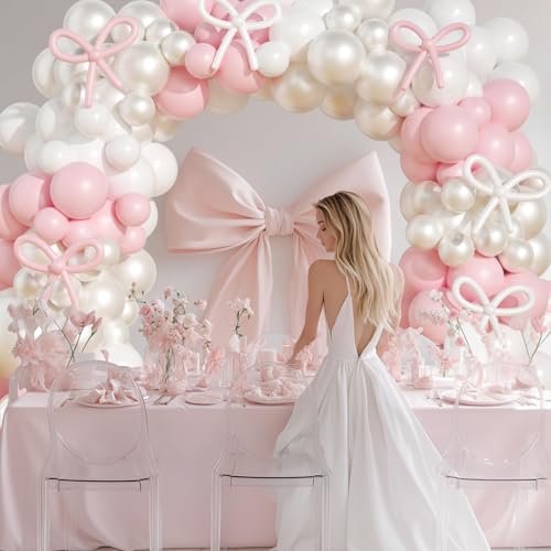 OTLGEUA 149-Piece Pink & Pearl White Balloon Garland Arch Kit with Bow - Coquette Birthday Party Decorations