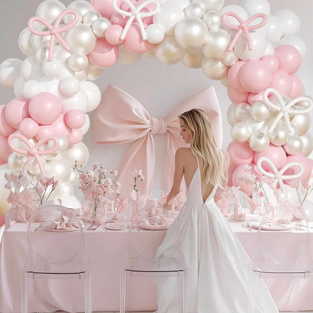 OTLGEUA 149-Piece Pink & Pearl White Balloon Garland Arch Kit with Bow - Coquette Birthday Party Decorations