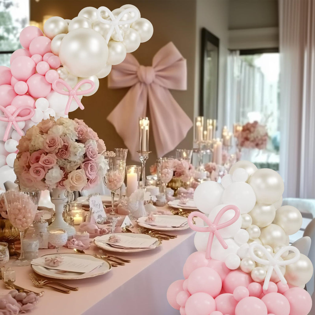 OTLGEUA 149-Piece Pink & Pearl White Balloon Garland Arch Kit with Bow - Coquette Birthday Party Decorations