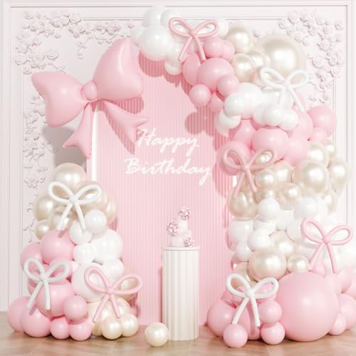 OTLGEUA 149-Piece Pink & Pearl White Balloon Garland Arch Kit with Bow - Coquette Birthday Party Decorations