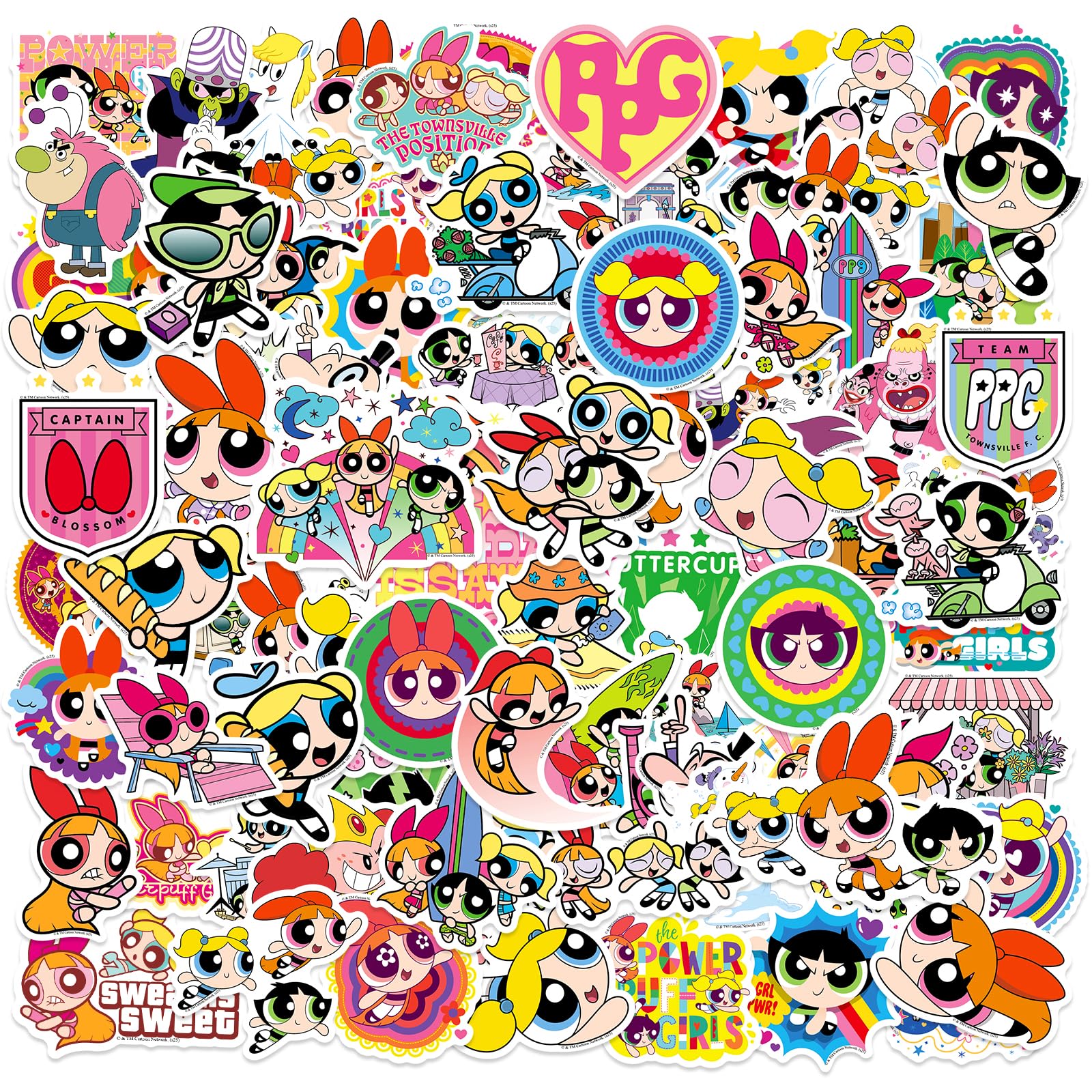 OtRainbow 100-Piece Powerpuff Girls Sticker Pack – Blossom, Bubbles, Buttercup Official Vinyl Decals