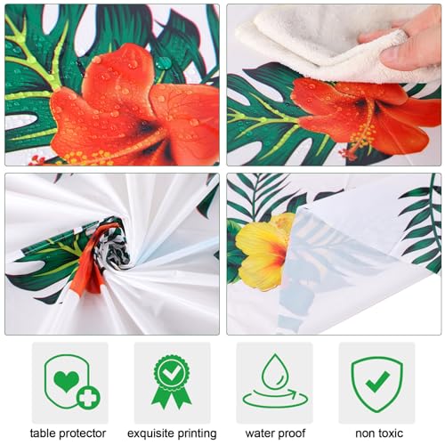 Oudain 3-Pack 84-Inch Round Hawaiian Tablecloths – White PE Plastic Tropical Luau Party Decor with Palm Leaves & Hibiscus