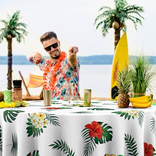 Oudain 3-Pack 84-Inch Round Hawaiian Tablecloths – White PE Plastic Tropical Luau Party Decor with Palm Leaves & Hibiscus