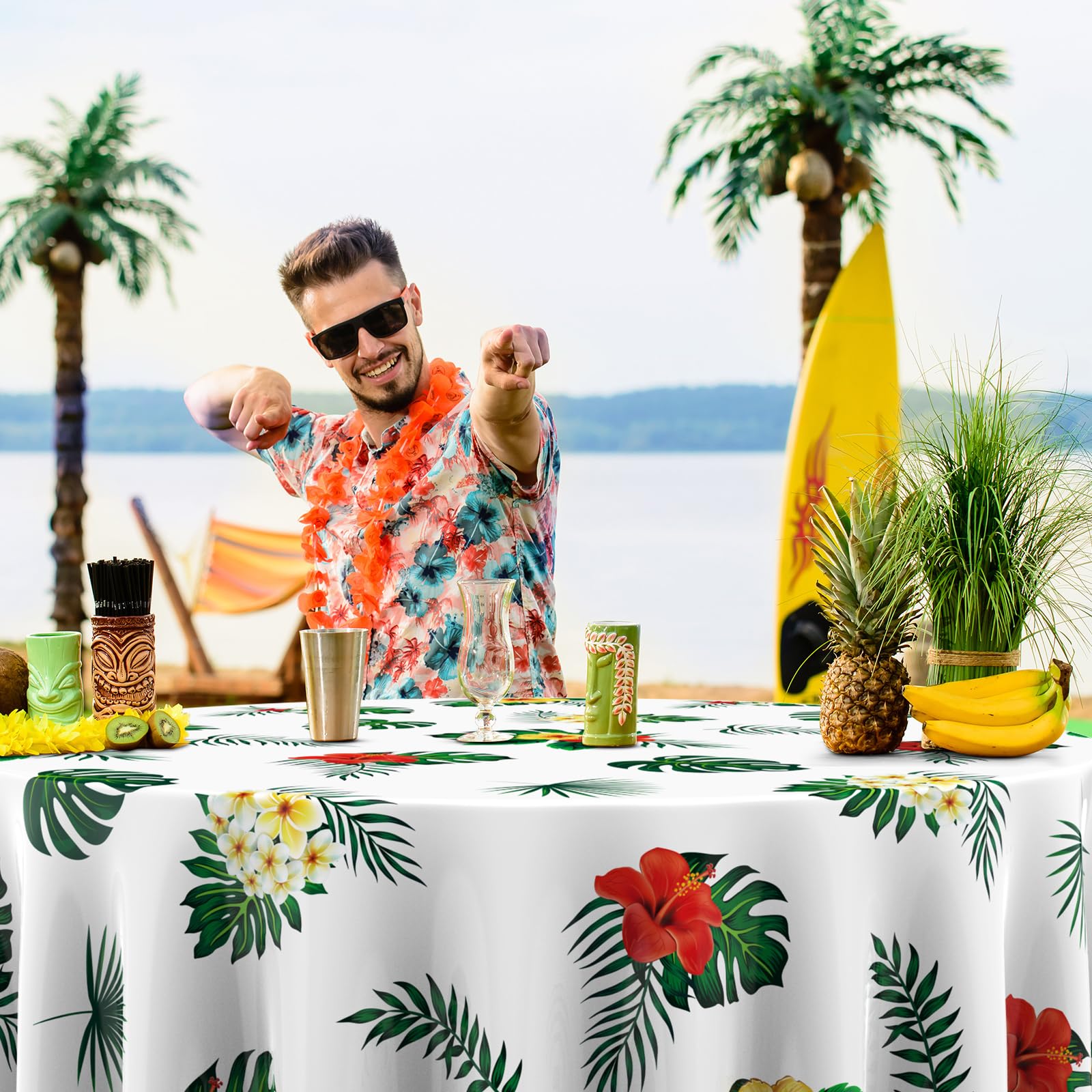Oudain 3-Pack 84-Inch Round Hawaiian Tablecloths – White PE Plastic Tropical Luau Party Decor with Palm Leaves & Hibiscus