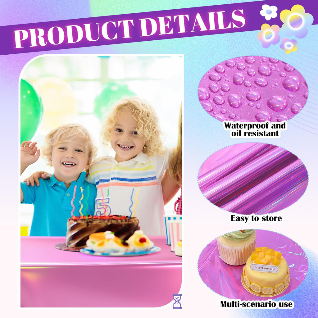 Oudain 3-Pack Iridescent Party Tablecloths (54x108 Inches) – Purple, Pink & Silver Rectangle Plastic Table Covers for Kpop Birthdays & Themed Events