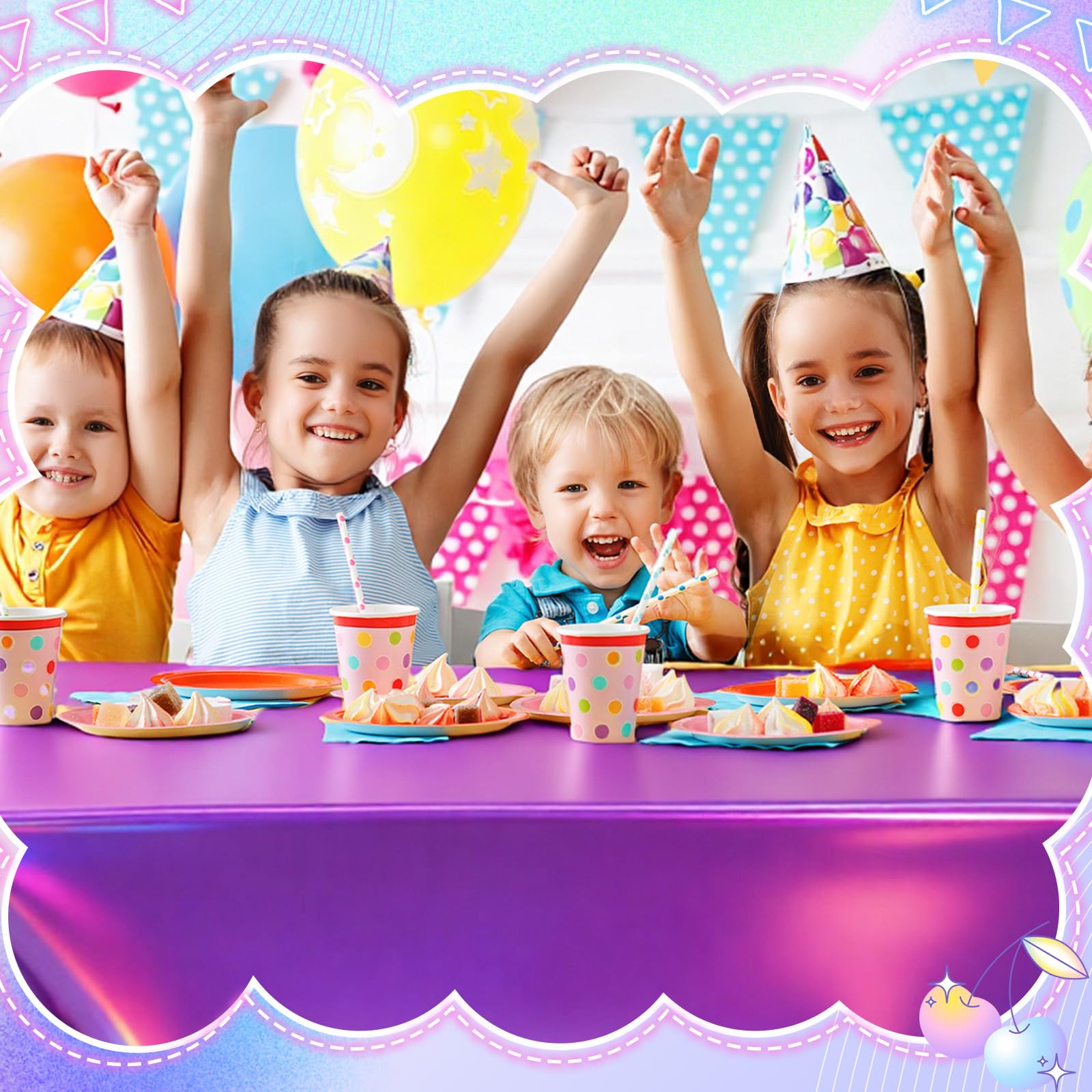 Oudain 3-Pack Iridescent Party Tablecloths (54x108 Inches) – Purple, Pink & Silver Rectangle Plastic Table Covers for Kpop Birthdays & Themed Events