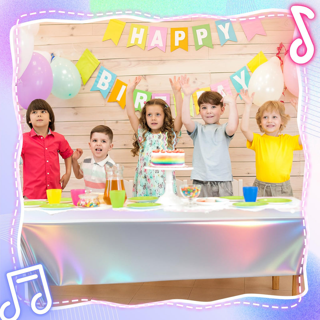 Oudain 3-Pack Iridescent Party Tablecloths (54x108 Inches) – Purple, Pink & Silver Rectangle Plastic Table Covers for Kpop Birthdays & Themed Events