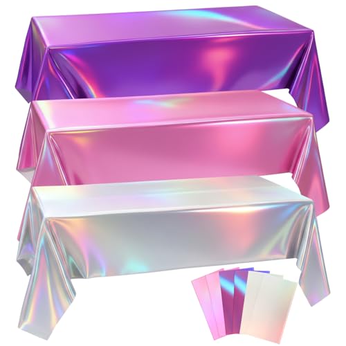 Oudain 3-Pack Iridescent Party Tablecloths (54x108 Inches) – Purple, Pink & Silver Rectangle Plastic Table Covers for Kpop Birthdays & Themed Events