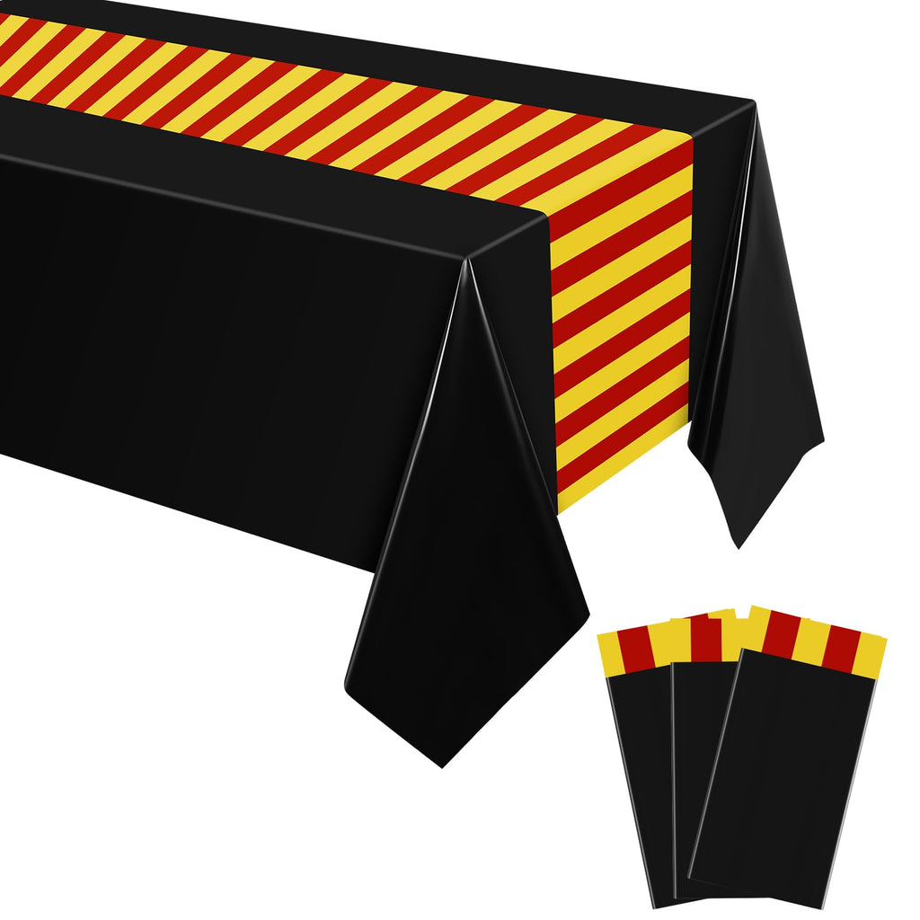 Oudain 3-Pack Wizard Tablecloth 54x108 Inches Plastic Black Red Gold Stripes for Halloween Birthday Party
