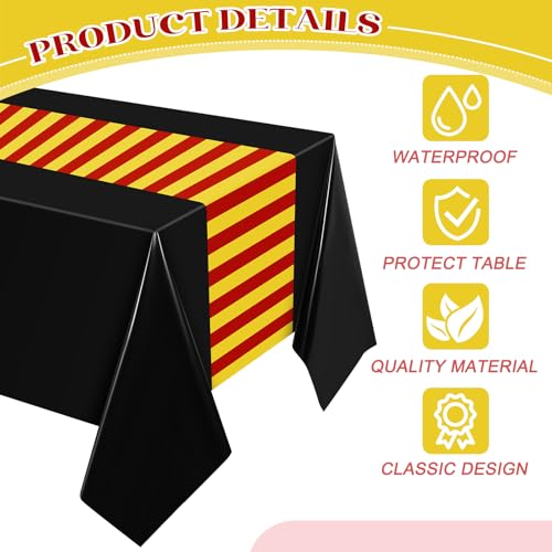 Oudain 3-Pack Wizard Tablecloth 54x108 Inches Plastic Black Red Gold Stripes for Halloween Birthday Party