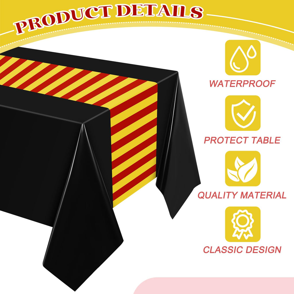 Oudain 3-Pack Wizard Tablecloth 54x108 Inches Plastic Black Red Gold Stripes for Halloween Birthday Party