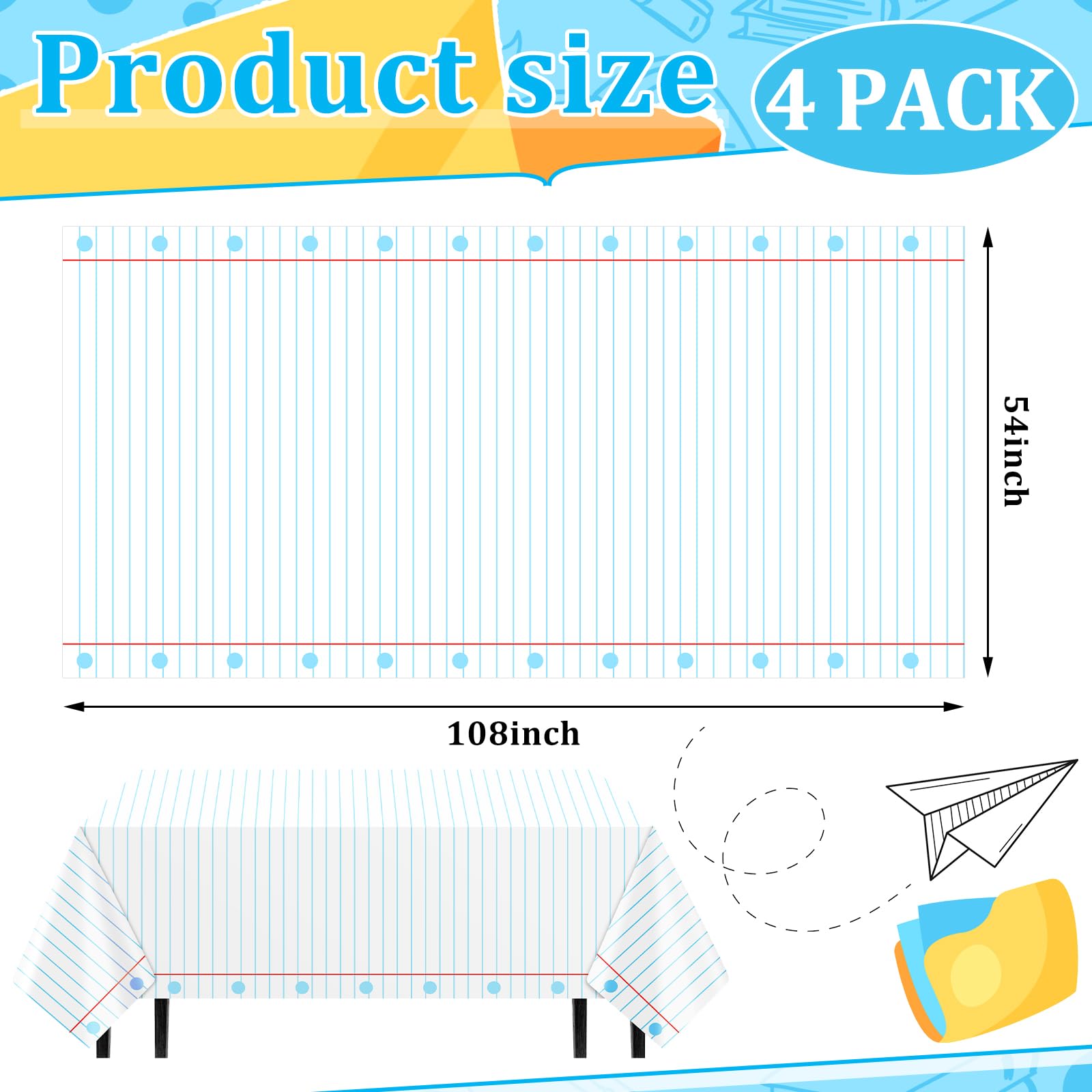 Oudain 4-Pack Notebook Themed Disposable Tablecloths 54x108 Inches Plastic Rectangular Table Covers for School Party Decorations