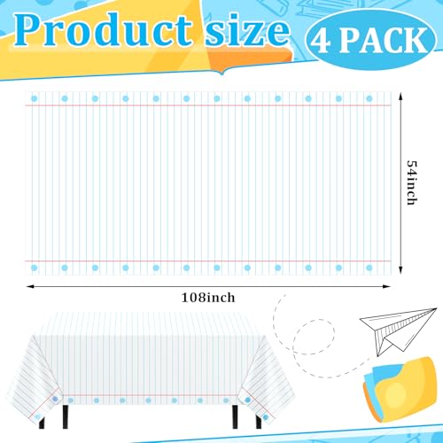 Oudain 4-Pack Notebook Themed Disposable Tablecloths 54x108 Inches Plastic Rectangular Table Covers for School Party Decorations