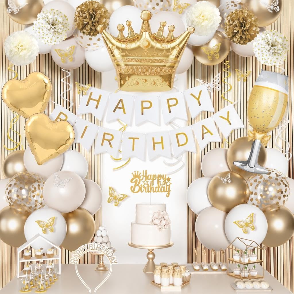 Ouddy Life 105-Piece Gold and White Birthday Party Decorations Kit with Foil Balloons, Fringe Curtains, and More