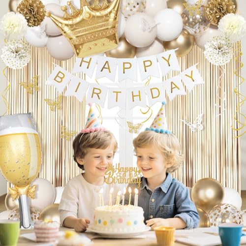 Ouddy Life 105-Piece Gold and White Birthday Party Decorations Kit with Foil Balloons, Fringe Curtains, and More