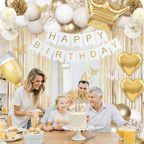 Ouddy Life 105-Piece Gold and White Birthday Party Decorations Kit with Foil Balloons, Fringe Curtains, and More