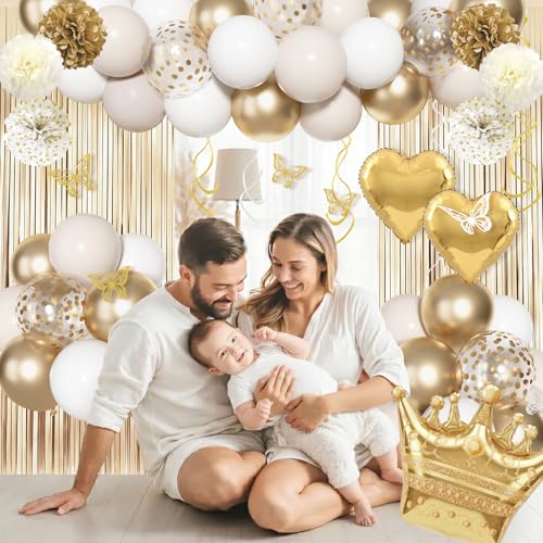 Ouddy Life 105-Piece Gold and White Birthday Party Decorations Kit with Foil Balloons, Fringe Curtains, and More