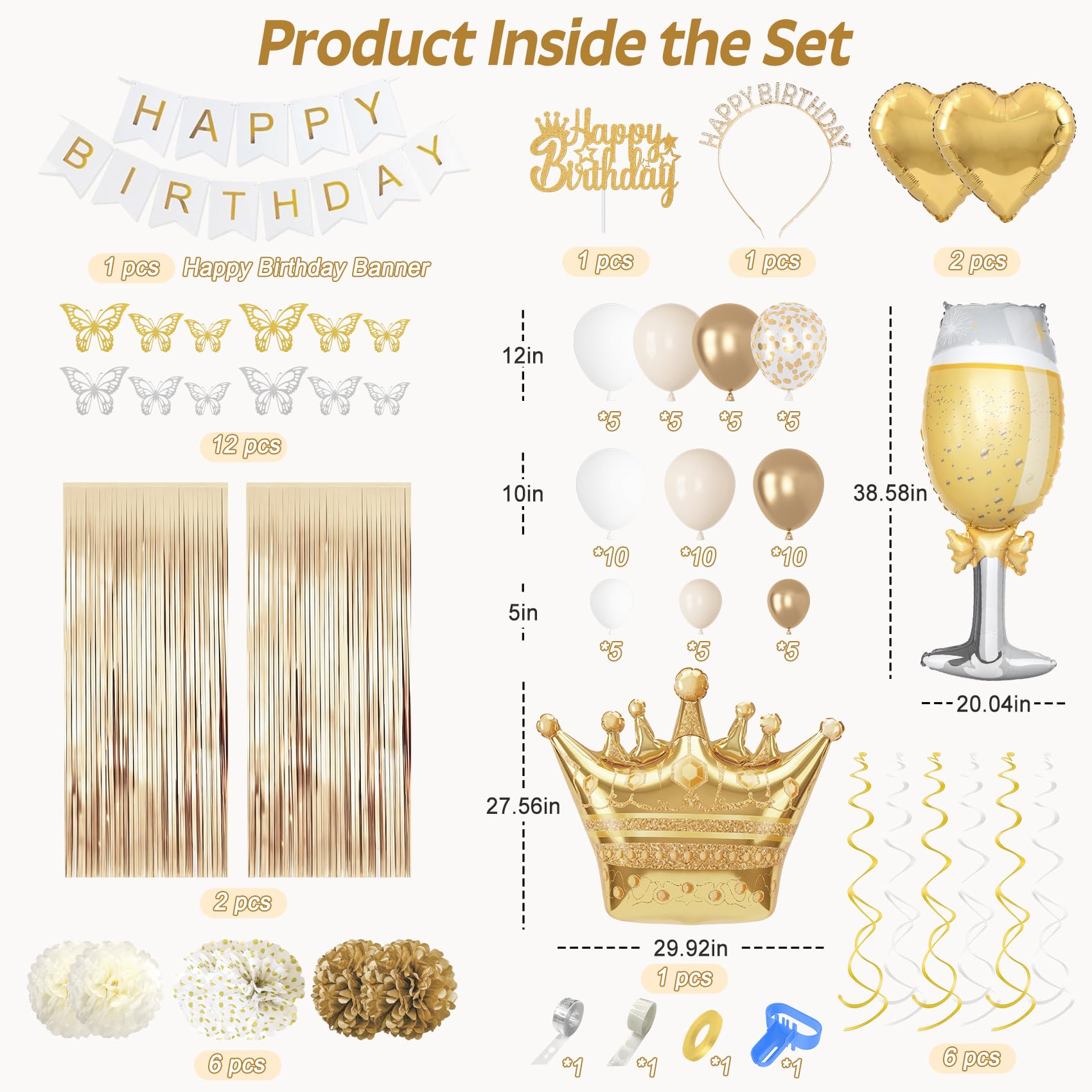 Ouddy Life 105-Piece Gold and White Birthday Party Decorations Kit with Foil Balloons, Fringe Curtains, and More