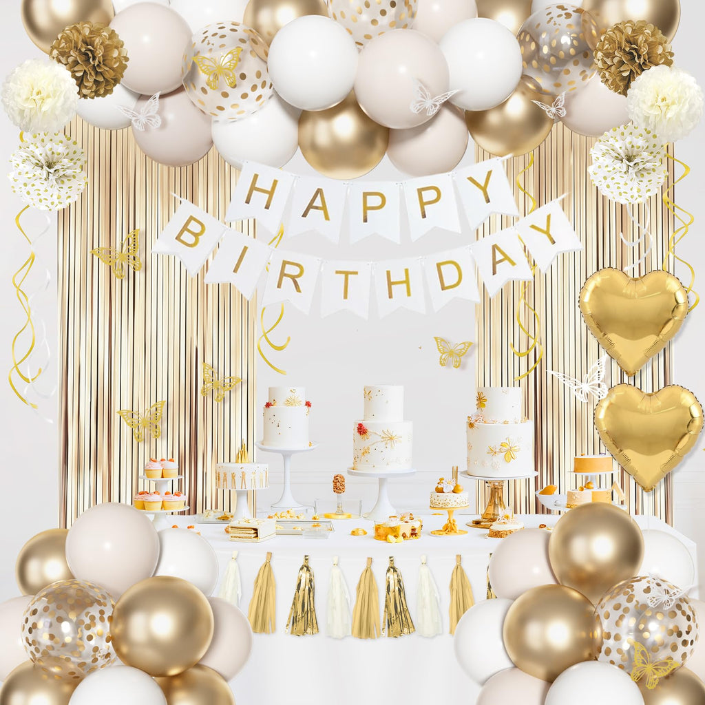 Ouddy Life 105-Piece Gold and White Birthday Party Decorations Kit with Foil Balloons, Fringe Curtains, and More